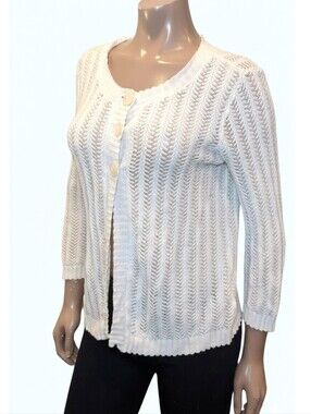 Jones New York Open Knit Cardigan Sweater Long Sleeve White Buttoned Size Medium